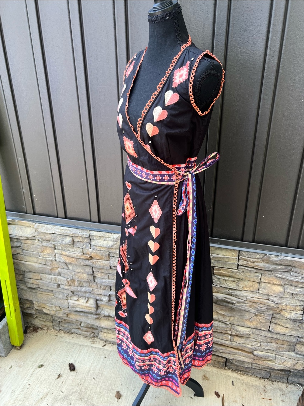 Never Fully Dressed Black Wrap Maxi Dress with Coral and Pink Embroidery - Picture 8 of 10